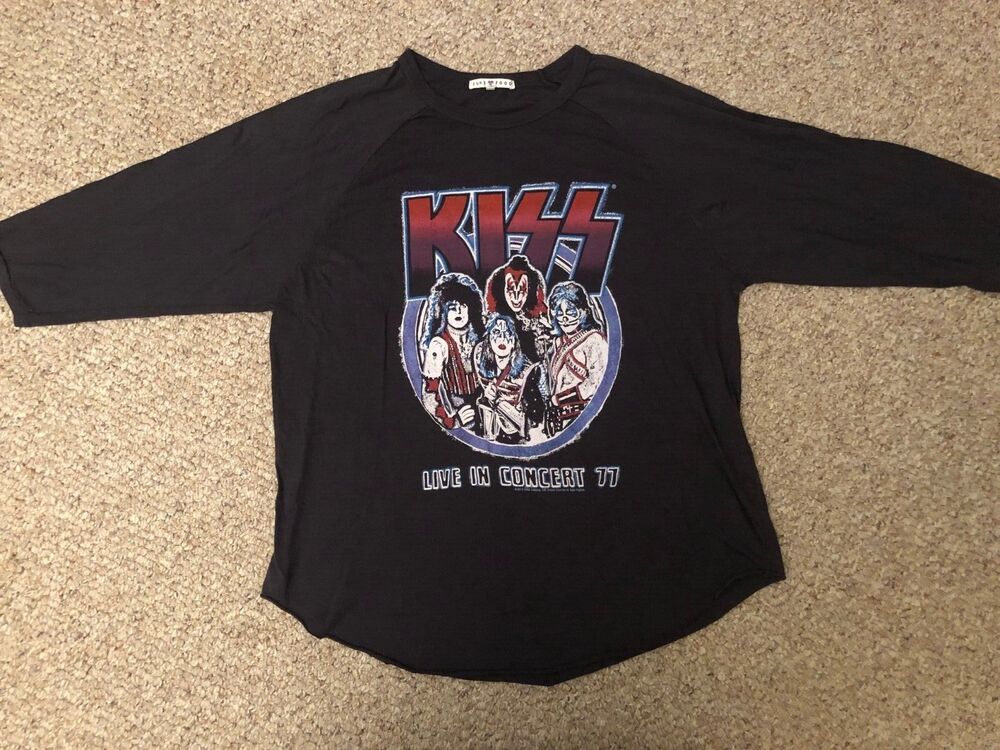Rare KISS World Tour 77 Black Graphic Concert 3/4 Sleeve T-Shirt Size Med USA‎